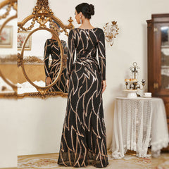 Long Sleeve round Neck Long Sequined Cocktail Evening Dress Bridesmaid