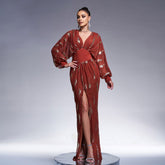 Long Sleeved Elegant V neck Long Sequined Cocktail Evening Dress Bridesmaid