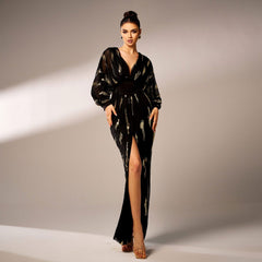 Long Sleeved Elegant V neck Long Sequined Cocktail Evening Dress Bridesmaid