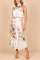 Mature Elegant Sleeveless Halter Printed Satin Dress