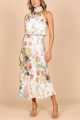 Mature Elegant Sleeveless Halter Printed Satin Dress