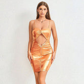 Metallic Coated Fabric Hollow Out Cutout Backless Nightclub Party Halter Dress