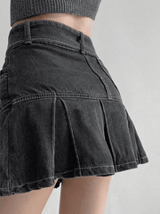 Pleated denim mini skirt with buckle belt