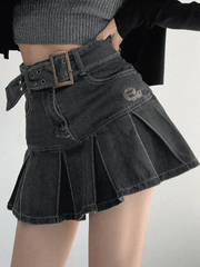 Pleated denim mini skirt with buckle belt