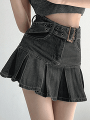 Pleated denim mini skirt with buckle belt