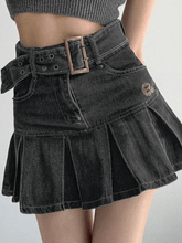 Pleated denim mini skirt with buckle belt