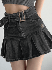 Pleated denim mini skirt with buckle belt
