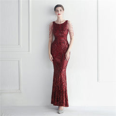 Vestido largo de fiesta de boda con lentejuelas y diseño floral con cuentas y estrellas