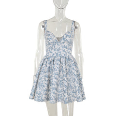 Floral Vintage Court A line Casual Sweet Slim Fit Hip Wrapped Short Dress