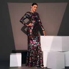 Abendkleid, langärmelig, Rundhalsausschnitt, schmal geschnitten, langes Pailletten-Cocktailkleid für Brautjungfern