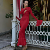 V neck Long Sleeve Ruffled Slim Fit Hip Dress