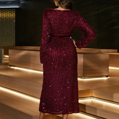 Vestido de noche informal holgado de lentejuelas rojas con cinturón y lazo para minorías.