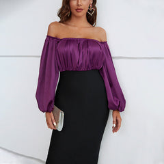 Vestido tubo de color contrastante, vestido francés de alta gama con mangas largas y cuello descubierto