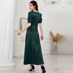 Vestido casual de cintura alta con cuello en V y mangas abullonadas en color liso