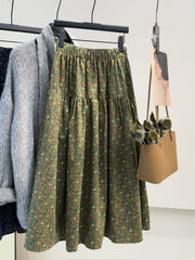 Falda floral cepillada Art Younger, falda de paraguas de longitud media, vestido adelgazante