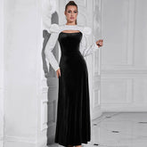 Long Sleeved Evening Dress Stitching Contrast Color Hollow Out Cutout round Neck Slim Fit Maxi Dress