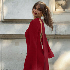 Solid Color Backless Long Sleeves Lace up Slim Fit Dress