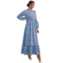 High Waist Blue Long Sleeve Dress Retro Waist Print A Line Dress
