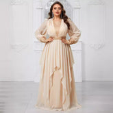 Plus Size Chiffon Stitching Sequined Lantern Sleeve Irregular Asymmetric Ruffles Elegant Party Dress