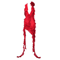 Multi Color Net Yarn Floral Ribbon Halter Ethnic Red Dress