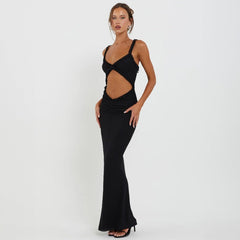 Hosenträger-Jumpsuit mit Holzohren, kragenlos, kurz geschnitten, schmal geschnitten, Maxi
