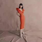 Elegant Orange Retro Bandage Midi Dress High End Dress