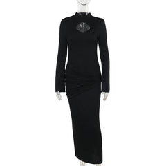 High Collar Hollow Out Cutout Out Knitted Pencil Elegant Slim Fit Maxi Dress