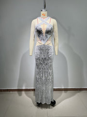 Vestido camisola de gasa con lentejuelas y diamantes de cuentas plateadas, sin espalda, para cenas en la alfombra roja