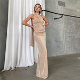 Slim Fit Backless Tube Top Ribbon Halter Pleated Solid Color Maxi Dress Evening Dress