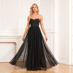 Camisole V neck Sleeveless Evening Dress Tulle Sequined Formal Party Dress Shiny Elegant Dress