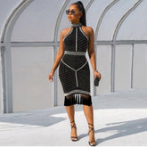 Vestido de cuello alto, halter, sin mangas, con borlas y cuentas, estilo vendaje, para reuniones sociales, sin espalda