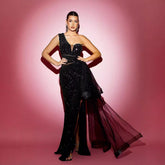 One Shoulder Black Slit Dinner Sequined Dress