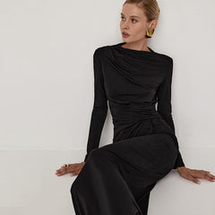 Solid Color Waist Tight Pleated Long Sleeve Intellectual Elegant Dress