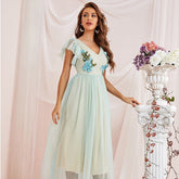 Mesh Dress V neck High Waist Short Sleeve A line Fairy Dress