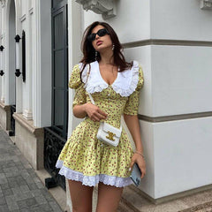 Peter Pan Collar Short Sleeve Floral Dress GracefulTight Waist Petti dress