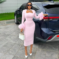 Sweet Fresh Square Collar Long Sleeve Feather Decoration High Waist Slimming Dress