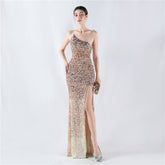 Dress Velvet Bottom Gradient Sequin High Fork Oblique Shoulder Evening Dress