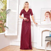 Ladies Short Sleeve Sequined Evening Dress V neck Fishtail Cocktail