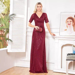 Ladies Short Sleeve Sequined Evening Dress V neck Fishtail Cocktail