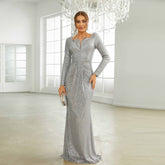Long Sleeved Sequined Square Collar Annual Party Party Evening Dress Bridesmaid Dress for