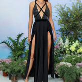 Upper Body Cross Strap Deep V Plunge High Slit Backless Sling Dress Solid Color Sleeveless High Sense Sequ Dress