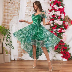 Mesh Printing Slip Dress Irregular Asymmetric Hem Elegant Sweet Midi Dress