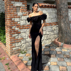Vestido formal con abertura y hombros descubiertos, plisado, largo, estilo socialité, corte entallado, abertura