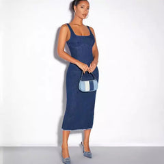 Schmal geschnittene, figurformende Jeans-Hosenträger, blau, dehnbar, ärmellos, Midi