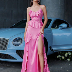 Popular Satin Stitching Sequ Dress Ruffled Design Sling Mop Party Dress