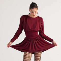 Solid Color Retro Long Sleeve Waist Tight Pleated Short Dress