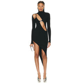 Black Long Sleeve Dress Diamond Decorations Hollow Out Cutout Asymmetric Bandage Dress