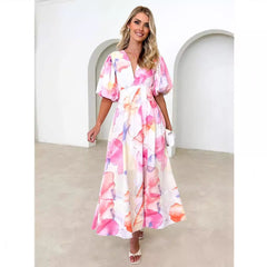 V-Ausschnitt, französischer Print, Puffärmel, lässiger Urlaubslook