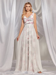 Chiffon White V Collar Printed Dress Slim Fit Maxi Dress Cocktail Evening Dress Bridesmaid Dress for