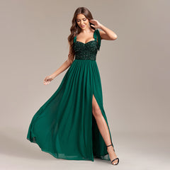 Sequined Stitching Chiffon High Slit Party Birthday Evening Gown Tied Strap Backless Prom a Swing Dress